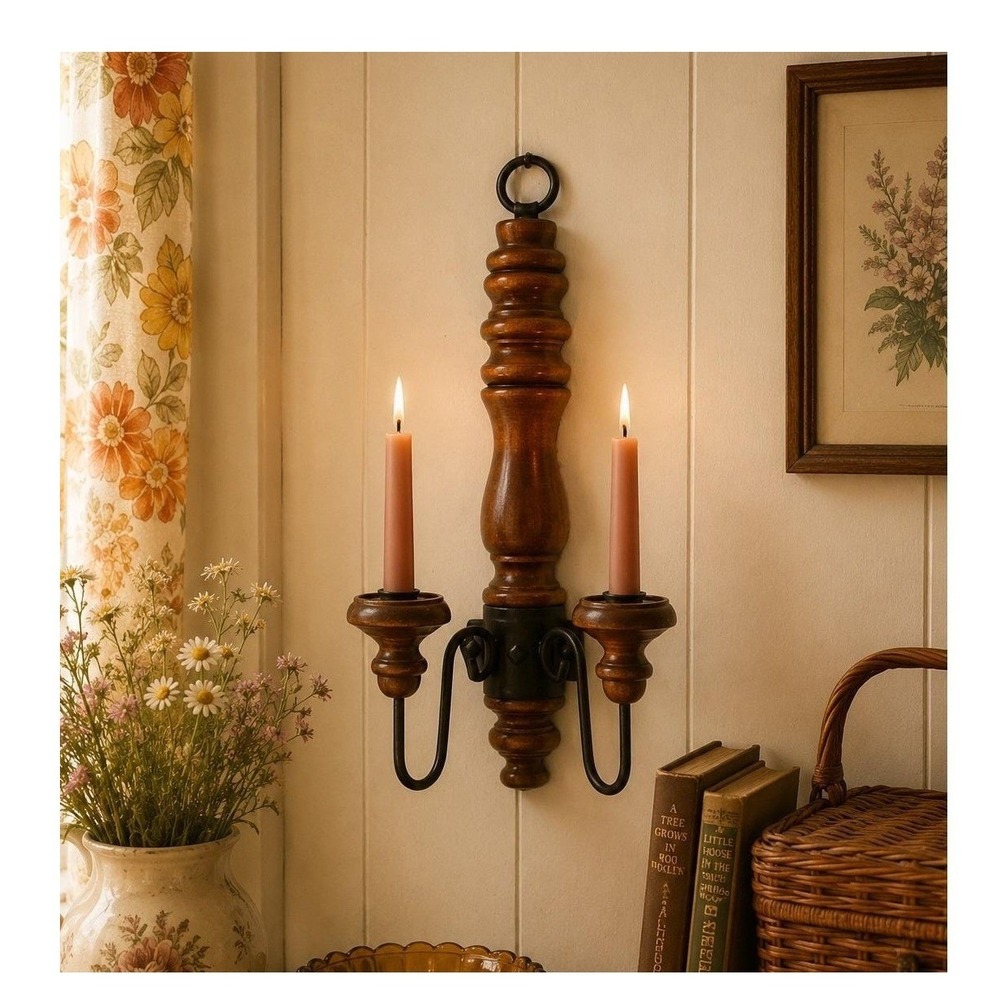 Vintage 1970s Homeco Wall Candle Sconce Wood Metal Wall Mount Decor 18"